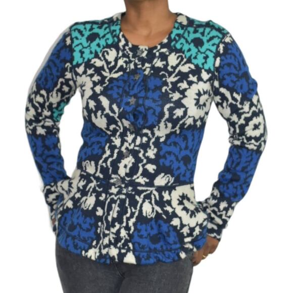 J Peterman Emmas Sweater Blue Hourglass Peplum Cardigan Green Floral Wool Small - Picture 12 of 16